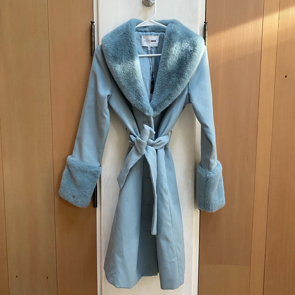 Fashion Nova light blue coat.